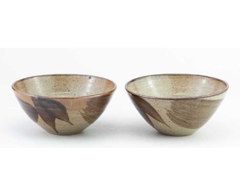 † DAVID LLOYD JONES (1928-1994); a pair of stoneware bowls covered in speckled grey glaze with iron decoration, impressed LJ 