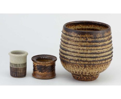 RAY MARSHALL (1913-1986); a deep stoneware bowl with pronounced ribbing covered in green ash and iron glaze, incised signatur