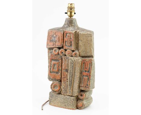 † BERNARD ROOKE (born 1938); a stoneware sculptural lamp base, impressed mark, height 36cm (excluding brass fitting).Conditio