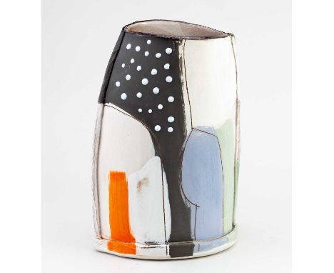 † CAMILLA WARD; an oval earthenware vessel decorated with abstract slips and glazes, incised signature, height 27cm.Provenanc