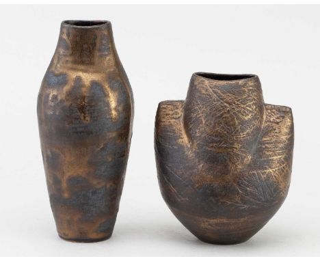 † CHRIS CARTER (born 1945); a small stoneware totemic form with textured surface covered in bronze glaze, impressed CCP mark,