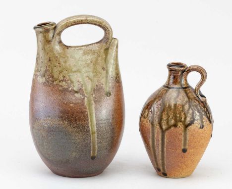 † JOHN LEACH (1939-2021) for Muchelney Pottery; a wood fired stoneware flask partially covered in running green ash glaze, im