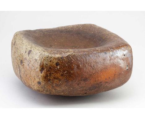 † SARAH WALTON (born 1945); a square salt glazed bird bath, incised signature, 37.5 x 36.5cm, height 17.5cm.Provenance: Purch