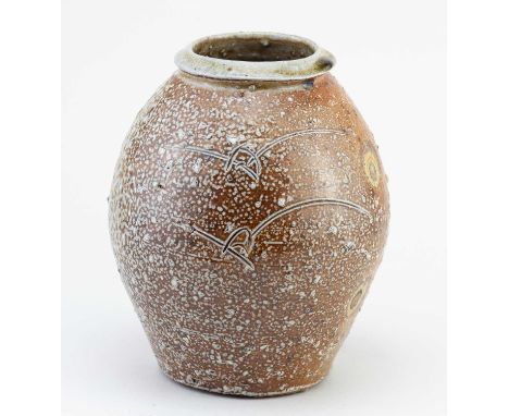 † PHIL ROGERS (1951-2020); a salt glazed vase partially covered in green ash with feldspar inclusions and incised decoration,