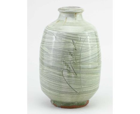 † MIKE DODD (born 1943); a stoneware bottle covered in hakeme slip with incised decoration, impressed MJD mark, height 24.5cm