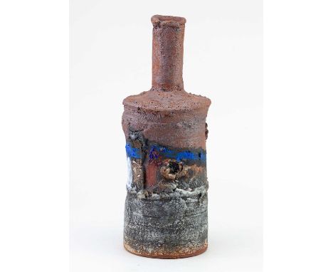 † ROBIN WELCH (1936-2019); a cylindrical stoneware bottle with tall neck and textured surface covered in polychrome glaze and