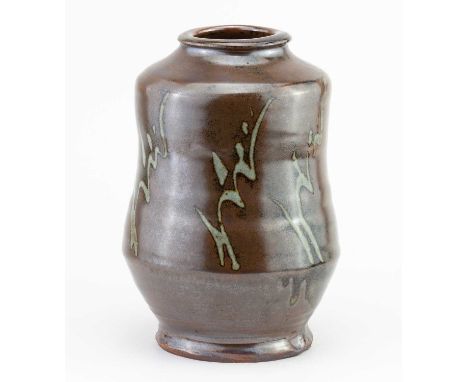 † MIKE DODD (born 1943); a waisted stoneware vase covered in kaki Penlee glaze with wax resist decoration, impressed MJD mark