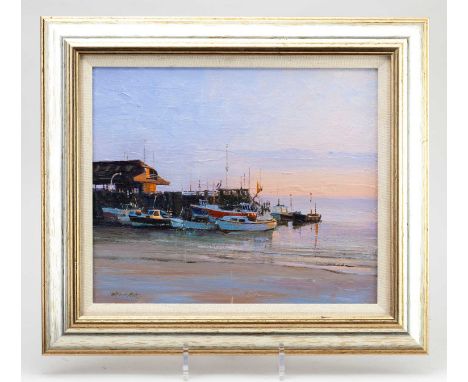 † PETER WHITE; acrylic on board, 'Evening Light', signed, inscribed on the Broadstairs Gallery label verso, 25 x 30cm, framed