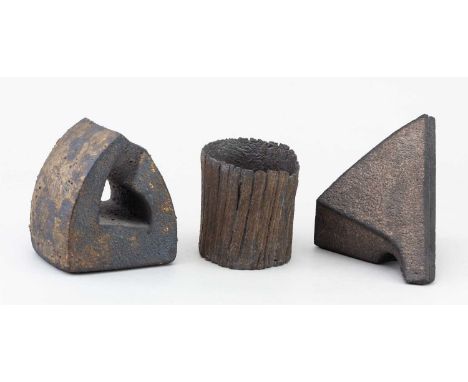 † MARTIN PEARCE; two abstract stoneware sculptural forms with textured surfaces partially covered in bronze glaze, incised an