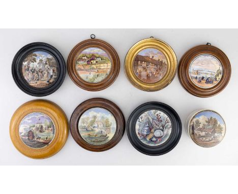 F R PRATT; eight Pratt Ware pot lids including shells, Walmer Castle, the Village Wakes by Thomas Jackson, etc (8).