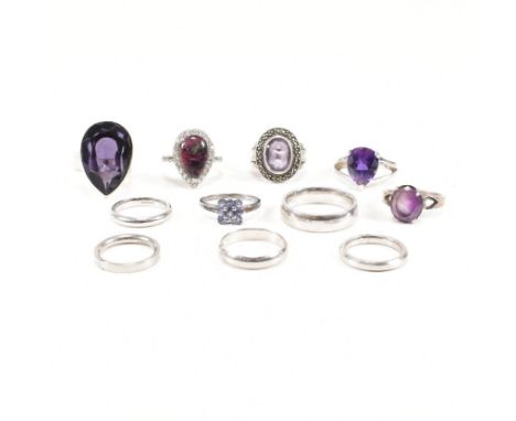 A collection of 925 silver and gem set rings.The rings to include amethyst quartz, CZ, marcasite band, solitaire, signet, pie