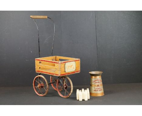 Triang 1930s Toy Milk Churn Trolley / Cart together with its original tin dairy milk churn and 5 x smaller wooden milk bottle