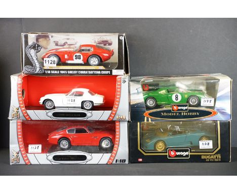 Collection of five boxed 1/18 scale diecast models to include Burago Model Hobby Ferrari 250 LM, Burago Bugatti EB110 (Plasti