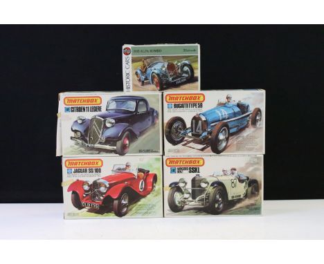 Five boxed 1/32 plastic model car kits to include 4 x Matchbox (PK307 M/Benz SSKL, PK310 Citroen 11 Legre Faux Cabriolet, PK3