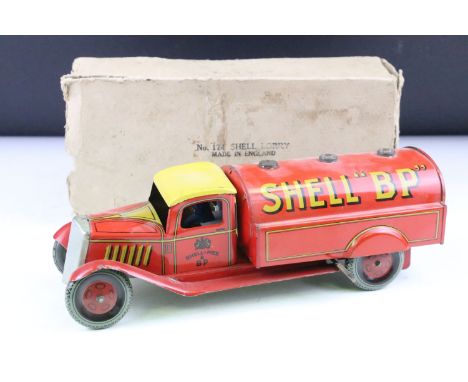 Boxed Shell "BP" Petrol Tanker, possibly Wells, in red with yellow roof &amp; detailing, with balloon wheels, measures approx