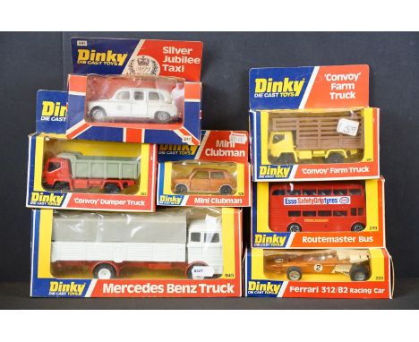 Seven boxed Dinky diecast models to include 940 Mercedes Benz Truck, 178 Mini Clubman, 382 Convoy Dumper Truck, 381 Comvoy Du