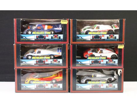 Six boxed Scalextric slot cars to include C443 Jaguar XJR9, C468 Sauber Mercedes, C463 Shell Porsche 962, C436 Porsche 962, C