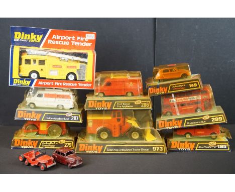 Eight boxed Dinky diecast models to include 973 Eaton Yale Articulated Tractor Shovel, 279 Aveling Barford Diesel Roller, 289