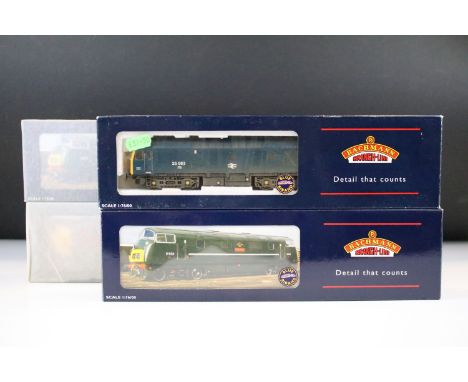 Four boxed Bachmann OO gauge locomotives to include 32412 Class 25/2 Diesel 25083 BR Blue weathered, 32050 Class 42 Warship D