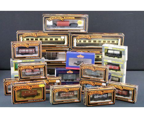 24 Boxed OO gauge items of rolling stock to include 17 Palitoy Mainline, 5 x Wrenn and 2 x Bachmann featuring coaches, Vans a