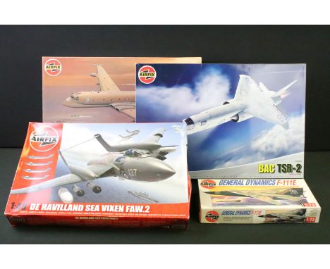 Collection of four boxed Airfix plastic model kits to include 2 x 1/48 scale models featuring AA11002 De Havilland Sea Vixen 