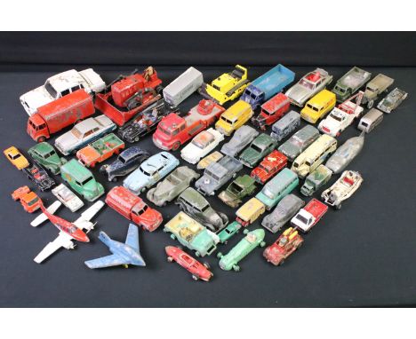 Around 50 play worn mid 20th C diecast models to include Dinky, Matchbox Lesney, Corgi etc 