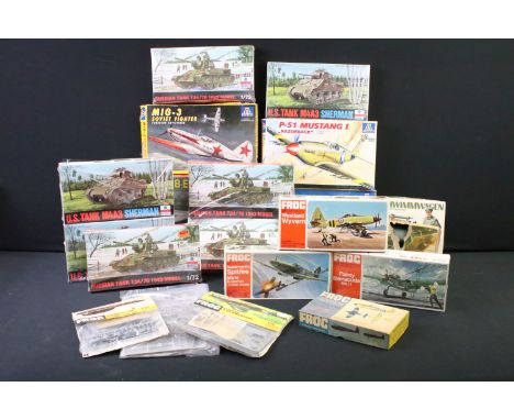 20 Boxed / bagged plastic model kits, mostly 1/72 scale, to include ESCI (no.s 8047 Russian Tank, 8064 U.S Tank M4A3,...), It