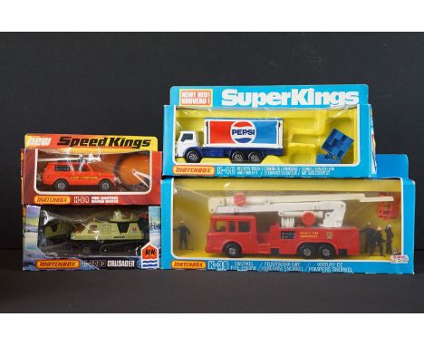 Four boxed Matchbox diecast models to include 2 x King Size (K39 Snorkel Fire Engine, K40 Pepsi Delivery Truck and Fork Lift,