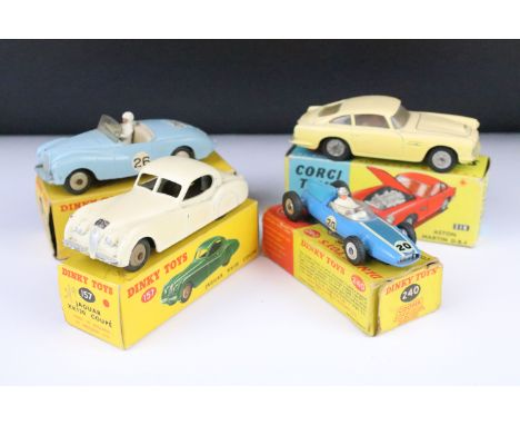 Three boxed Dinky diecast models to include 240 Cooper Racing Car (diecast appears gd, box tatty), Jaguar XK120 Coupe (in cre