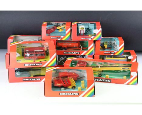 12 Boxed Britains farming models to include 9557 Bale Sledge, 9537 Vicon Towed Veri-Spreader, 9560 Vacuum Tanker, 9579 Elevat