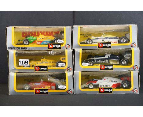 Six boxed Burago 1/24 scale F1 Formula One diecast models to include Mclaren MP4/2 Turbo cod. 6106, Williams FW 08C cod. 6105