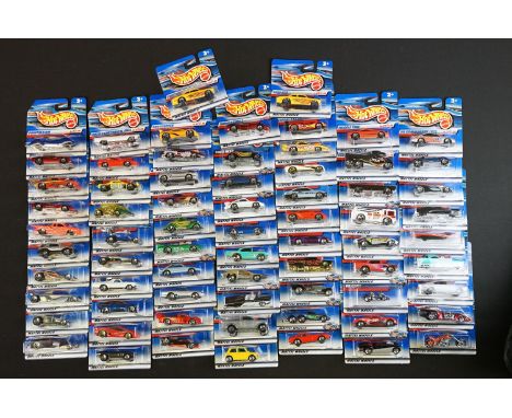 Ex Shop Stock - Around 70 carded Mattel Hot Wheels diecast models, contained within Hot Wheels cardboard postal / retail box.