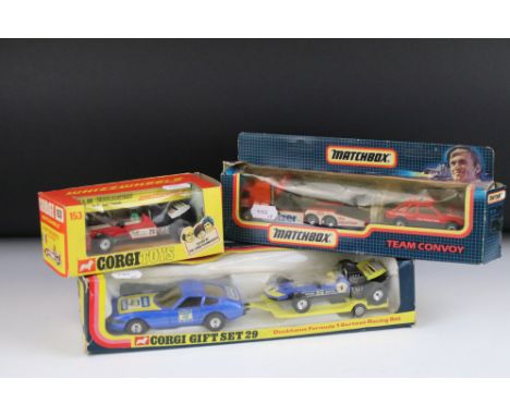 Three boxed racing car diecast models / sets to include Corgi Gift Set 29 - Duckhams Formula 1 Surtees Racing Set (tatty box)