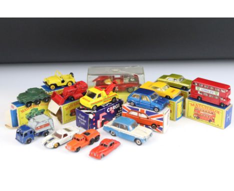 Nine boxed diecast models to include 6 x Matchbox Series (20 Taxi Cab, 5 London Bus, 67 Saladin Armoured Car, 58 Drott Excava