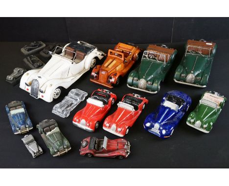 Collection of 17 Morgan car models of varying scales, to include 2 x Lesser &amp; Pavey Ltd contemporary tinplate models, cer
