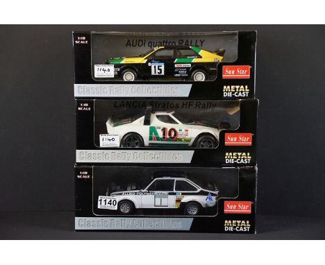 Collection of Three boxed Sun Star Classic Rally Collectibles 1/18 scale diecast models to include Lancia Stratos HF Rally, A