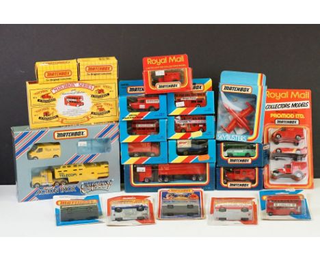 21 Boxed / carded Matchbox diecast models to include carded Royal Mail three pack set, 2 x carded 65 Airport Coach (variants)