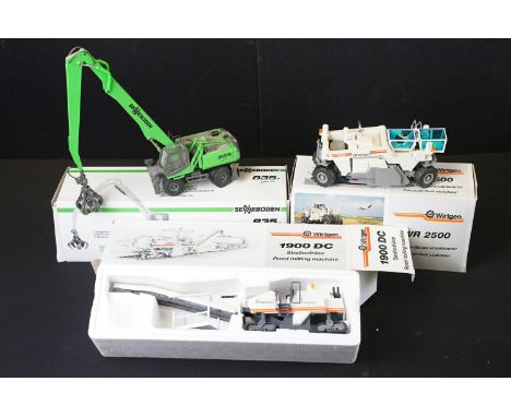 Three boxed 1/50 scale construction diecast models to include Conrad Model No. 2845/0 Sennebogen 835M Green Line Material Han