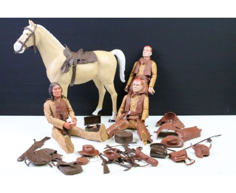 Three Marx Johnny West Series action figures to include 2 x Cowboy and Chief Cherokee, with Marx horse and a quantity of acce