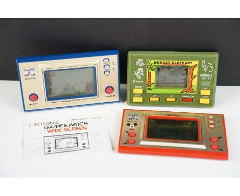 Retro Gaming - Three handheld retro gaming consoles to include Nintendo Game &amp; Watch Wide Screen MC-25 Mickey Mouse with 