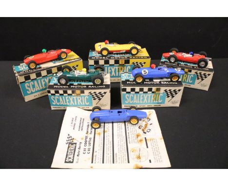 Five boxed Triang Scalextric racing car models to include C54 Lotus Racing Car in yellow, C82 Lotus Racing Car in green with 