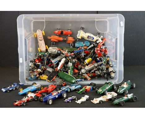 Collection of diecast &amp; plastic racing car models to include Dinky, Matchbox, Corgi, Politoys, Brumm, Solido &amp; Penny 