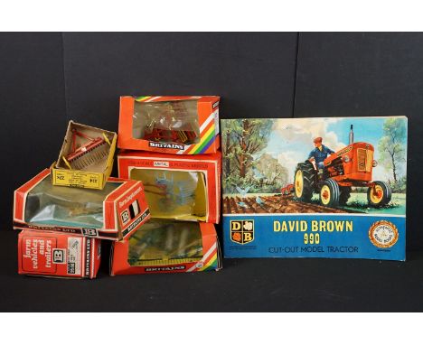 Group of Britains farming implements models to include boxed 9554 Gang Roller, boxed, Rotary Tedder and others with incorrect
