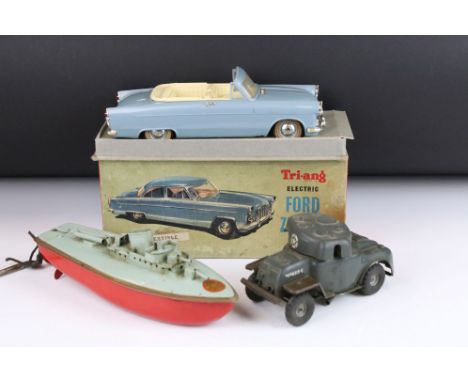 Boxed Triang Electric Ford Zephyr convertible 1/20 scale battery-powered plastic model in pale blue, vg condition but missing