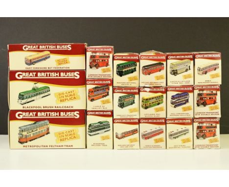 18 Boxed Atlas Editions Great British Buses 1/76 scale diecast models. (Diecast ex, boxes show some storage-related wear) 