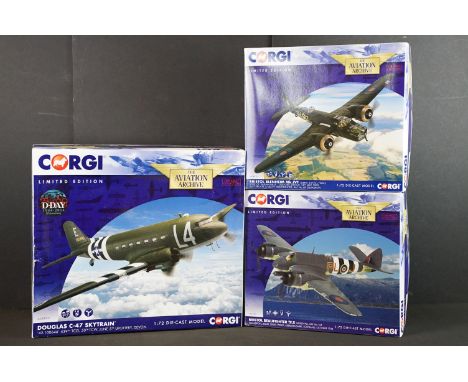 Three boxed Corgi The Aviation Archive 1/72 ltd edn diecast models to include AA38207 Douglas C-47 Skytrain, AA28601 Bristol 