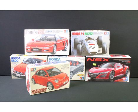 Six boxed &amp; unbuilt Tamiya 1/20 and 1/24 scale plastic model kits to include Honda NSX, Honda NSX Sports Car Series, Hond