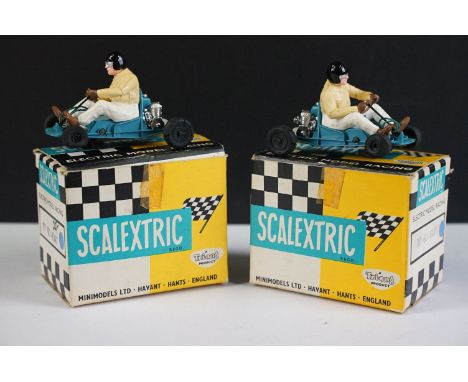 Two boxed Triang Scalextric K1 Go Karts, both models in blue with black helmets on drivers, One containing leaflet, both in v