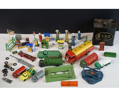 Collection of play worn mid 20th C fuel-related diecast models, accessories &amp; petrol pumps, to include Dinky, Corgi &amp;