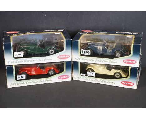 Four boxed Kyosho Morgan 1/18 scale diecast models to include 08112B Morgan Plus 4 Super Sports (Blue), 08112R Morgan Plus 4 